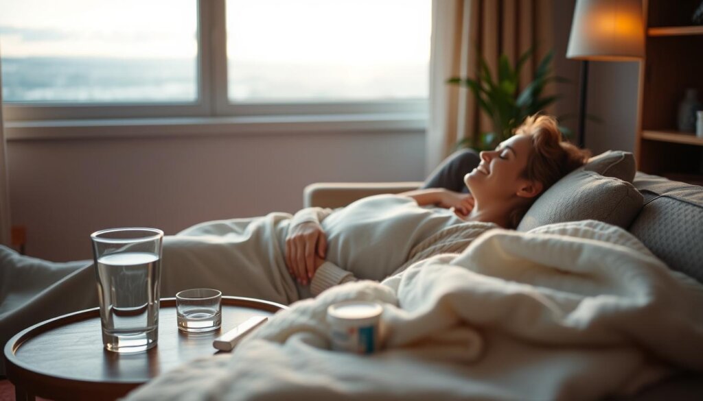A warm, inviting room with soothing lighting and a serene atmosphere. In the foreground, a patient relaxes on a comfortable couch, their eyes closed in a moment of peaceful recovery. On a nearby table, a collection of essential items for post-procedure care - a glass of water, some over-the-counter pain medication, and a soft, comforting blanket. The middle ground features a tranquil landscape visible through a large window, with a calming color palette of soft blues and greens. The overall scene conveys a sense of care, comfort, and a smooth path to healing after a dental procedure.