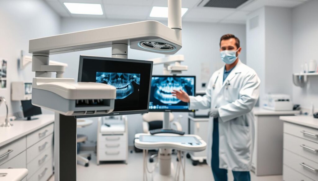 A well-lit and evenly illuminated medical laboratory setting, with a dental X-ray machine prominently displayed in the foreground. The machine has a sleek, modern design with a large, adjustable arm and a high-resolution digital sensor. In the middle ground, a dentist in a white coat and surgical mask stands beside the machine, gesturing to a patient's dental X-ray image displayed on a nearby computer monitor. The background features various medical equipment and supplies, conveying a sense of professionalism and attention to safety protocols. The overall mood is one of clinical precision and reassurance, emphasizing the importance of dental imaging for patient health and well-being.