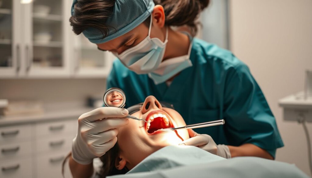 A well-lit dental clinic interior, with a patient reclined in a dentist's chair. A dentist, wearing surgical scrubs and a face mask, leans over the patient's open mouth, a dental mirror and tools in hand. The patient's face shows a slight grimace, but the dentist's expression remains calm and focused. The background is blurred, with medical cabinets and equipment faintly visible, creating a sense of depth and professionalism. The lighting is bright and direct, casting subtle shadows and highlighting the dentist's precision work. The overall atmosphere conveys a sense of medical expertise and patient care during a routine root canal procedure.