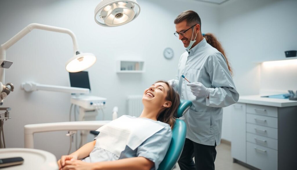 A well-lit dental clinic interior, with a patient sitting comfortably in an examination chair. The dentist and dental hygienist stand nearby, holding toothbrushes and dental tools. The patient's mouth is slightly open, revealing clean, healthy teeth. The room is filled with a calming, professional atmosphere, with modern equipment and soothing colors. Soft, directional lighting highlights the scene, creating a sense of trust and confidence in the dental visit experience.