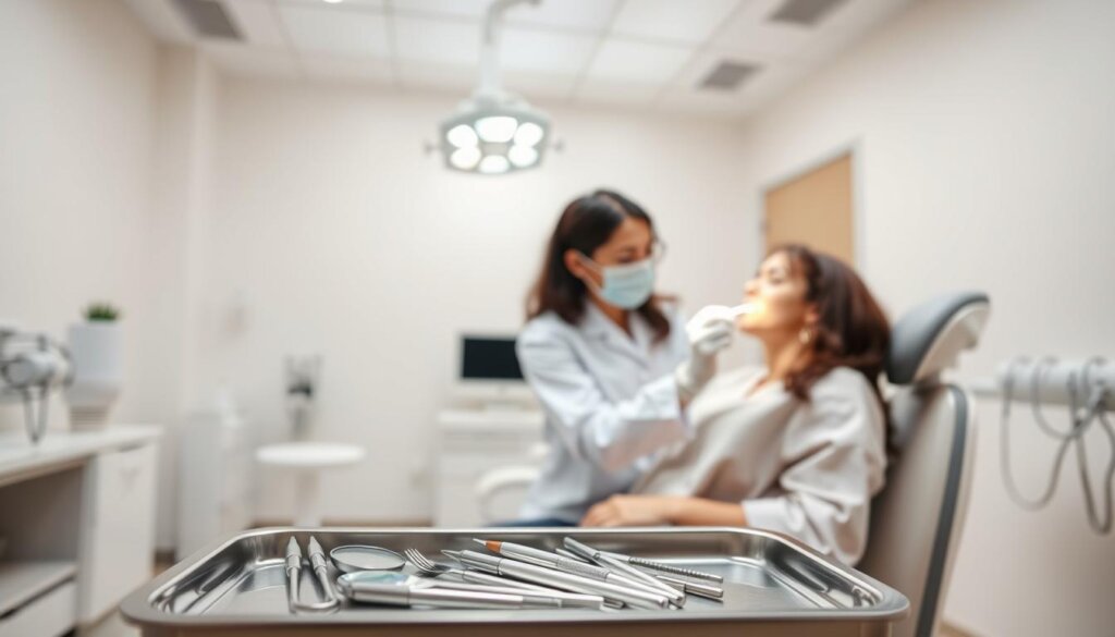 A well-lit dental examination room with a reclined chair, overhead light fixture, and a dental assistant standing next to the patient. In the foreground, a dental mirror, explorer, and other diagnostic tools are neatly arranged on a tray. The middle ground features the dentist, wearing a white coat and mask, carefully examining the patient's teeth using a handheld mirror and probe. The background showcases a modern, clean, and professional dental office environment with minimalist decor and soothing pastel tones. The overall scene conveys a sense of care, attention to detail, and a calm, reassuring atmosphere.