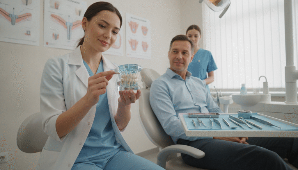 A well-lit dental office showcasing a dental implant consultation. In the foreground, a dentist in professional attire, holding a dental implant model, explains to a patient seated in a dental chair. The dentist has a warm smile and is gesturing towards the model, emphasizing the implant's design and function. In the middle ground, a dental nurse and dental tools are visible, organized neatly on a tray. The background features dental posters illustrating the process of dental implants, along with a window letting in soft, natural light. The atmosphere is calm and professional, evoking a sense of trust and assurance. Use a slight low-angle perspective to give a sense of importance to the dental model being discussed, ensuring clarity in the expression of both the dentist and the patient. A well-lit dental office showcasing a dental implant consultation. In the foreground, a dentist in professional attire, holding a dental implant model, explains to a patient seated in a dental chair. The dentist has a warm smile and is gesturing towards the model, emphasizing the implant's design and function. In the middle ground, a dental nurse and dental tools are visible, organized neatly on a tray. The background features dental posters illustrating the process of dental implants, along with a window letting in soft, natural light. The atmosphere is calm and professional, evoking a sense of trust and assurance. Use a slight low-angle perspective to give a sense of importance to the dental model being discussed, ensuring clarity in the expression of both the dentist and the patient.