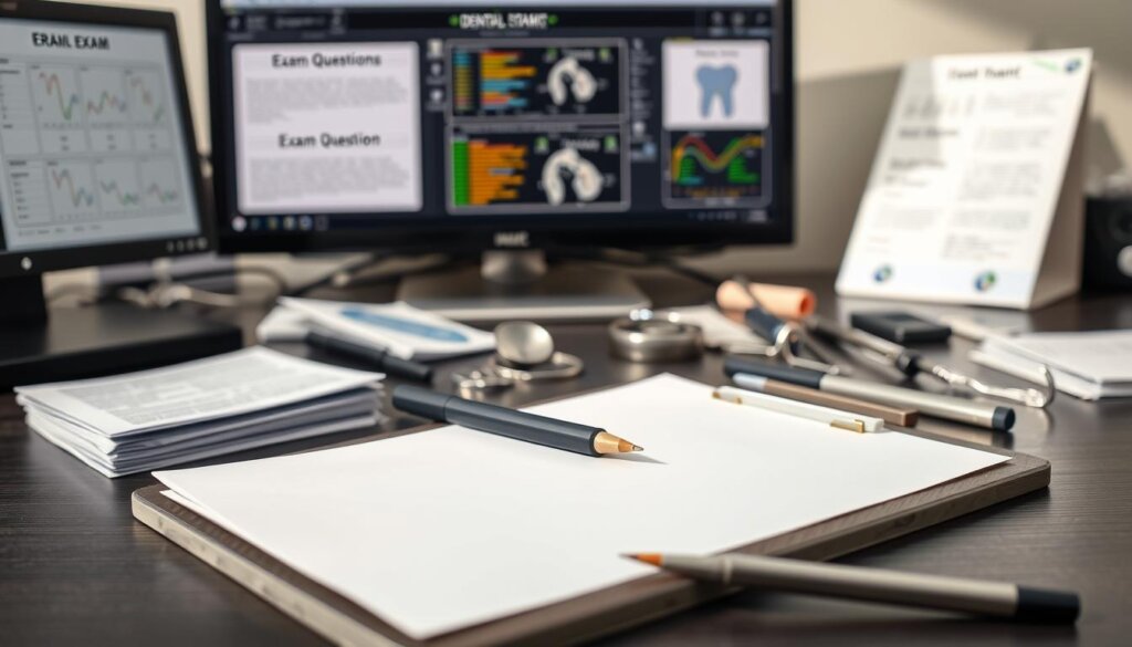 A well-lit, detailed desk scene with various dental exam-related items. In the foreground, a stack of papers, pens, and a clipboard with a blank sheet, suggesting the preparation of exam questions. In the middle ground, a dental mirror, explorer tool, and other diagnostic instruments arranged neatly. The background features a computer monitor displaying dental charts and reference materials, creating an atmosphere of a professional, organized dental office setting. The lighting is soft and natural, casting subtle shadows and highlighting the textures of the materials. The overall mood is one of focused preparation and anticipation for a productive dental exam.