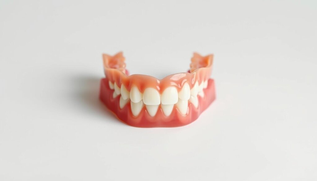 A well-lit, high-resolution photograph of a set of dentures resting on a clean, white background. The dentures are placed in the center of the frame, capturing their intricate details and natural sheen. The lighting is soft and diffused, accentuating the dentures' form and highlighting their smooth, polished surfaces. The composition emphasizes the dentures' prominent placement, conveying a sense of importance and showcasing their key benefits, such as improved chewing ability, enhanced facial aesthetics, and increased confidence. The overall mood is professional, informative, and inviting, suitable for an article section discussing the advantages of dentures.
