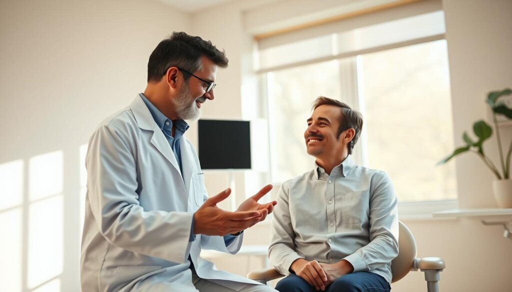 A well-lit medical office, with a dentist and patient engaged in a thoughtful discussion. The dentist, wearing a white coat, gestures animatedly while the patient, sitting comfortably, listens intently. Soft natural light filters through large windows, creating a warm, inviting atmosphere. The room is furnished with modern, minimalist decor, conveying a sense of professionalism and trust. The dentist's expression is one of empathy and understanding, while the patient's face reflects a sense of openness and willingness to explore alternatives to traditional X-rays. The scene captures the essence of effective communication between a healthcare provider and a patient, setting the stage for a productive dialogue about dental care options.