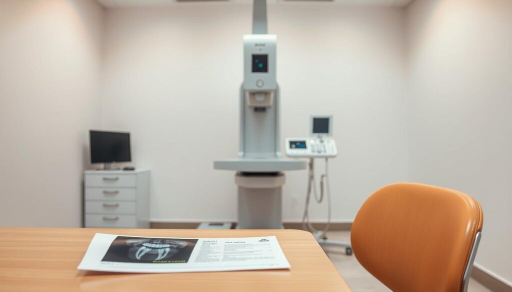 A well-lit medical office with a desk and chair in the foreground, upon which a dental x-ray film and a diagnostic report are placed. In the middle ground, a large x-ray machine stands prominently, its angular design and precise controls suggesting advanced technology. The background depicts a serene, minimalist room with clean white walls, conveying a sense of professionalism and medical expertise. Subtle lighting casts a warm, calming glow, and the overall composition encourages the viewer to ponder the importance and technicality of dental x-rays in healthcare.