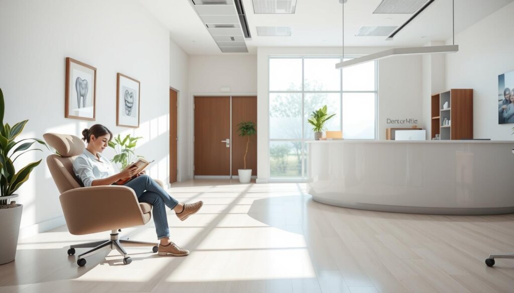 A well-lit, modern dental office lobby. In the foreground, a person sitting calmly in a plush, ergonomic chair, perusing a magazine. The middle ground features a clean, minimalist reception desk with a welcoming attendant. The background showcases a large window, allowing natural daylight to flood the space, creating a serene and inviting atmosphere. The overall scene conveys a sense of professionalism, comfort, and patient-centric care, setting the stage for a positive dental visit experience.