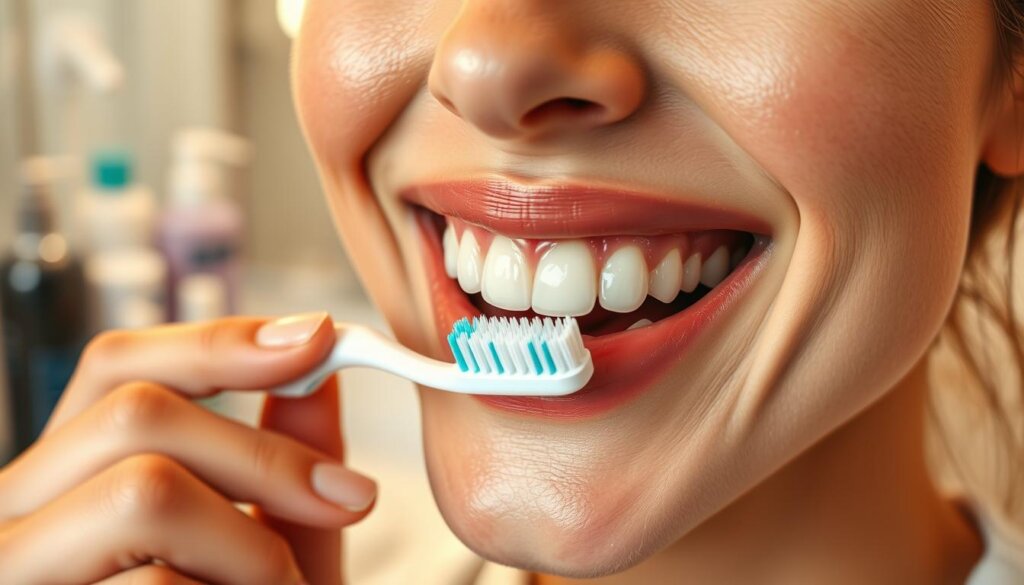 A well-lit, warm-toned close-up of a smiling person brushing their teeth with a soft-bristled toothbrush, revealing healthy gums and sparkling teeth. In the background, a mirrored vanity with various oral hygiene products, conveying a sense of post-treatment self-care and maintenance. The lighting is soft and flattering, creating a relaxed, inviting atmosphere. The composition emphasizes the person's mouth and hands, highlighting the act of proper brushing technique. The overall scene exudes a sense of renewed confidence and a commitment to ongoing oral health.