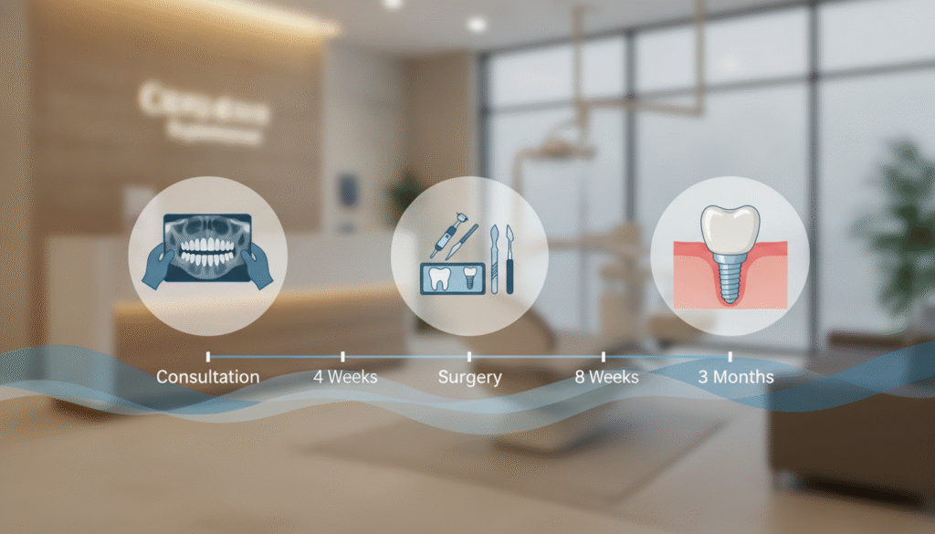 A well-organized dental implant timeline illustration, focusing on key stages such as consultation, surgery, initial healing, and placement of the implant crown. In the foreground, detailed icons representing each stage, like a dentist examining a patient's x-ray, a surgical procedure setup, and a healed gum with the implant crown in place. The middle ground features a smooth timeline flow from left to right, marked with distinct time intervals (weeks to months). In the background, a soft, blurred dental clinic environment with warm lighting to convey a welcoming atmosphere. Include a slight perspective angle to add depth, and use colors that evoke professionalism, such as muted blues and whites. No text or human figures are present. A well-organized dental implant timeline illustration, focusing on key stages such as consultation, surgery, initial healing, and placement of the implant crown. In the foreground, detailed icons representing each stage, like a dentist examining a patient's x-ray, a surgical procedure setup, and a healed gum with the implant crown in place. The middle ground features a smooth timeline flow from left to right, marked with distinct time intervals (weeks to months). In the background, a soft, blurred dental clinic environment with warm lighting to convey a welcoming atmosphere. Include a slight perspective angle to add depth, and use colors that evoke professionalism, such as muted blues and whites. No text or human figures are present.