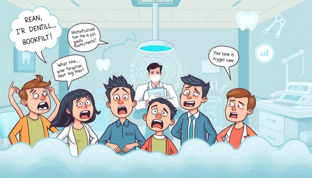 A whimsical illustration of common myths and misconceptions about root canals. In the foreground, a group of dental patients react with exaggerated expressions of fear and dread, surrounded by swirling clouds of misinformation. In the middle ground, a dentist calmly performs a root canal procedure, radiating an aura of reassurance. The background depicts a stylized dental office, with medical instruments and tools floating in a haze of calming blue light. The overall scene conveys a sense of dispelling the anxiety and apprehension often associated with this dental treatment, through an engaging and thought-provoking visual narrative.