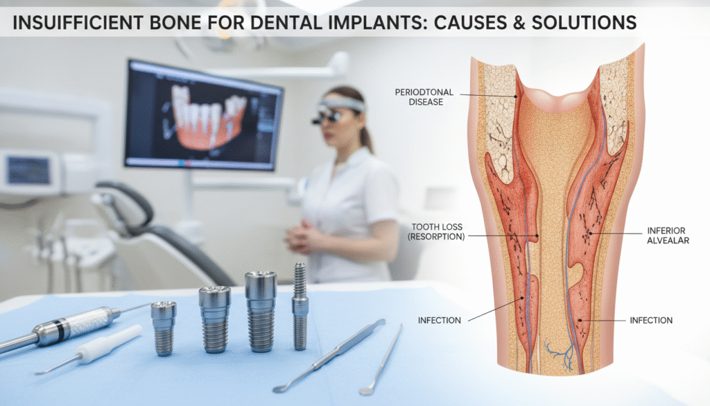 An anatomical illustration depicting the causes of insufficient bone for dental implants. In the foreground, a detailed cross-section of a human jawbone with visible areas of bone loss highlighted. The middle ground features dental tools and implants arranged elegantly, showcasing their design. In the background, a softly illuminated dental clinic setting, with high-tech dental equipment and a professional dental assistant observing the bone structure. The lighting is bright yet warm, creating a clinical yet inviting atmosphere. A macro lens perspective emphasizes the textures of the bone and dental materials, enhancing the educational aspect of the image. The overall mood is informative and professional, conveying the necessity of addressing bone loss in dental implant procedures. An anatomical illustration depicting the causes of insufficient bone for dental implants. In the foreground, a detailed cross-section of a human jawbone with visible areas of bone loss highlighted. The middle ground features dental tools and implants arranged elegantly, showcasing their design. In the background, a softly illuminated dental clinic setting, with high-tech dental equipment and a professional dental assistant observing the bone structure. The lighting is bright yet warm, creating a clinical yet inviting atmosphere. A macro lens perspective emphasizes the textures of the bone and dental materials, enhancing the educational aspect of the image. The overall mood is informative and professional, conveying the necessity of addressing bone loss in dental implant procedures.