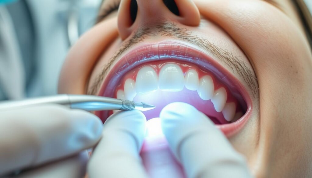 Close-up detailed view of a dentist's hand performing a dental cavity screening examination, with a bright LED light illuminating the patient's open mouth. The dentist's fingers gently probe the tooth's surface, carefully inspecting for any signs of decay or discoloration. The patient's head is tilted back, providing a clear view of the oral cavity. The scene is shot from a low angle, emphasizing the clinical and focused nature of the examination. The lighting is clean and evenly distributed, creating a sterile, professional atmosphere. The background is slightly blurred, keeping the viewer's attention on the crucial moment of the cavity screening process.