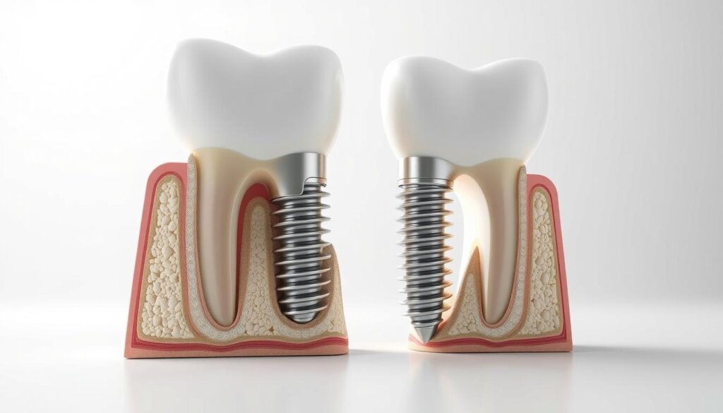 Detailed cross-section of endosteal and subperiosteal dental implants against a clean, monochrome background. Showcases the precise anatomical structure, with crisp, high-resolution rendering of the titanium implant posts, abutments, and the surrounding bone and gum tissue. Bright, diffused lighting illuminates the intricate components, creating a sense of scientific clarity. Camera positioned at a slight angle to provide a clear, comprehensive view. Subtle shadows and highlights accentuate the dimensional qualities. Conveys a clinical, educational tone suitable for a medical illustration.