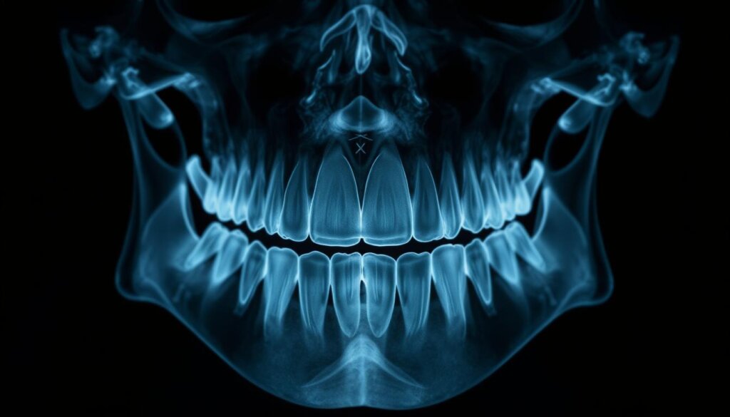 Detailed dental x-ray imaging showcasing a comprehensive view of teeth and jaw structures. Crisp, high-resolution radiographic image captured with a state-of-the-art digital x-ray sensor. The scene depicts a detailed cross-section of the upper and lower dental arches, highlighting the intricate anatomy of teeth, gums, and supporting bone. Subtle highlights and shadows accentuate the subtle textures and densities of the various dental tissues. The image is lit from the side to create depth and contrast, with a clean, clinical background that allows the dental structures to take center stage.