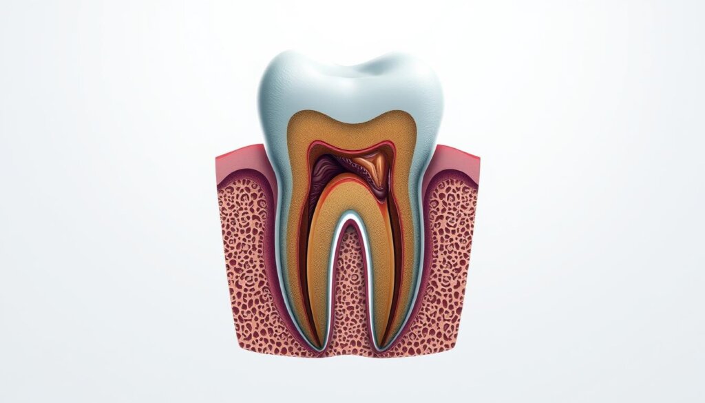 Detailed medical illustration of a human tooth cross-section, showcasing the internal structure and highlighting areas affected by infection. The tooth is depicted in high detail, with intricate textures and shading to convey the various anatomical layers. The pulp chamber and root canal are prominently featured, with inflammation and infection visually represented. The composition emphasizes the complexity of the tooth's anatomy and the severity of the infection, creating a sense of educational clarity. Soft, muted lighting from an overhead source illuminates the scene, casting subtle shadows to enhance the three-dimensional quality. The overall tone is one of scientific accuracy and medical professionalism, suitable for an informative article on tooth infections. Detailed medical illustration of a human tooth cross-section, showcasing the internal structure and highlighting areas affected by infection. The tooth is depicted in high detail, with intricate textures and shading to convey the various anatomical layers. The pulp chamber and root canal are prominently featured, with inflammation and infection visually represented. The composition emphasizes the complexity of the tooth's anatomy and the severity of the infection, creating a sense of educational clarity. Soft, muted lighting from an overhead source illuminates the scene, casting subtle shadows to enhance the three-dimensional quality. The overall tone is one of scientific accuracy and medical professionalism, suitable for an informative article on tooth infections.