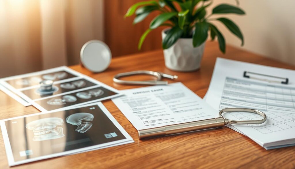 Detailed medical records for a dental exam, neatly organized on a wooden desk. In the foreground, x-ray films, dental charts, and a dental mirror reflect the clinical nature of the scene. The middle ground features a dental examination report and a patient intake form, hinting at the health history and personal details required for the visit. In the background, a potted plant and warm lighting create a professional yet inviting atmosphere, conveying the importance of dental care and patient comfort. The overall composition suggests a thorough, well-documented approach to dental health assessments.