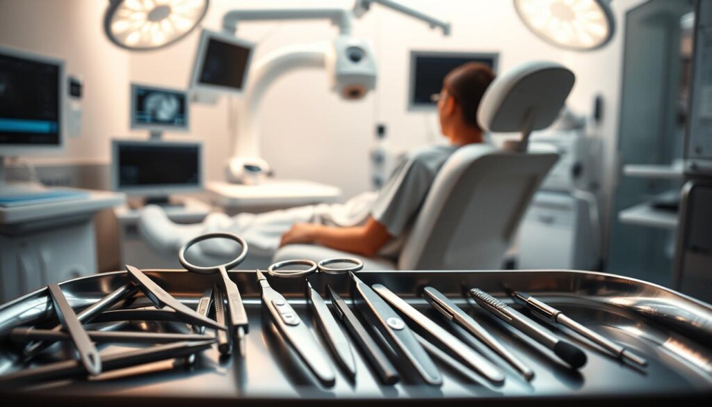 Diagnostic Procedures: A meticulously detailed medical scene, illuminated by soft, diffused lighting that casts a calming, professional atmosphere. In the foreground, an array of medical instruments - scalpels, forceps, and sterilized tools - are neatly arranged on a clean, stainless steel tray. In the middle ground, a patient reclines in a comfortable examination chair, their face obscured but their body language conveying a sense of trust and confidence. The background features state-of-the-art diagnostic equipment - X-ray machines, computer monitors, and other advanced technologies - all subtly hinting at the expert care and precision that will be applied to uncover the root cause of the patient's condition. Diagnostic Procedures: A meticulously detailed medical scene, illuminated by soft, diffused lighting that casts a calming, professional atmosphere. In the foreground, an array of medical instruments - scalpels, forceps, and sterilized tools - are neatly arranged on a clean, stainless steel tray. In the middle ground, a patient reclines in a comfortable examination chair, their face obscured but their body language conveying a sense of trust and confidence. The background features state-of-the-art diagnostic equipment - X-ray machines, computer monitors, and other advanced technologies - all subtly hinting at the expert care and precision that will be applied to uncover the root cause of the patient's condition.