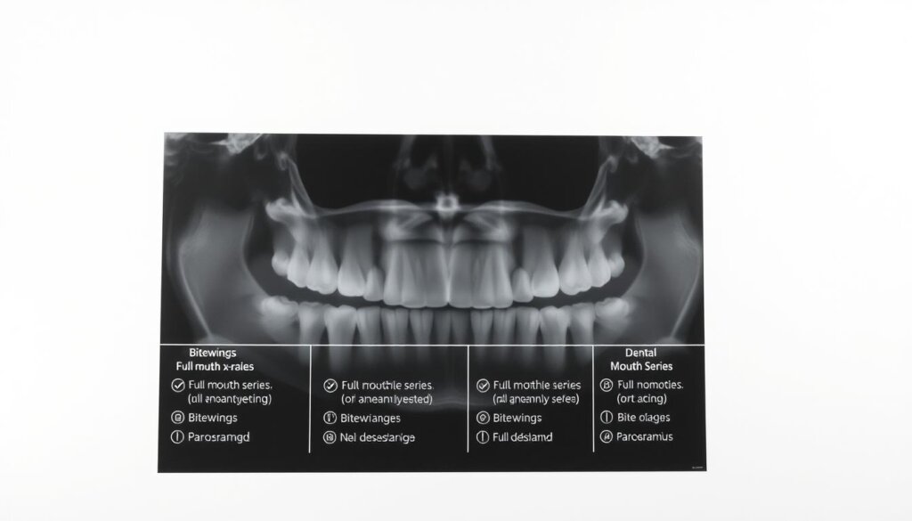 High-contrast black and white medical x-ray image on a clean, sterile background. The x-ray shows a full set of adult teeth with clear guidelines indicating recommended frequencies for different types of dental x-rays, such as bitewings, full-mouth series, and panoramic. The guidelines are presented in a simple, easy-to-understand format with precise numerical values and explanatory icons. The lighting is flat and evenly distributed, emphasizing the technical, informative nature of the image. The overall composition is balanced and symmetrical, conveying a sense of authority and professionalism suitable for use in a medical or dental educational article.