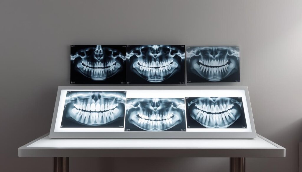 High-quality dental radiographs, including panoramic and bitewing views, displayed on a light box against a neutral gray background. The radiographs are crisp, clear, and reveal detailed structures of teeth, gums, and surrounding bone. Soft, directional lighting from the sides and above casts subtle shadows, emphasizing the texture and depth of the radiographic images. The scene conveys a sense of clinical precision and diagnostic focus, suitable for illustrating a section on factors influencing X-ray frequency at dental check-ups.