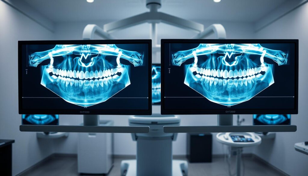 High-resolution digital X-ray images of dental anatomy displayed on multiple flat-screen monitors in a modern medical clinic. Crisp, detailed depictions of teeth, jawbones, and other oral structures illuminated by a soft, cool-toned lighting setup. The monitors are arranged in a visually striking, symmetrical layout, creating a sense of order and professionalism. The background is a minimalist, clinical environment with clean white walls and sleek, brushed-metal medical equipment. The overall mood is one of scientific precision and technological advancement, reflecting the state-of-the-art nature of contemporary dental imaging techniques.
