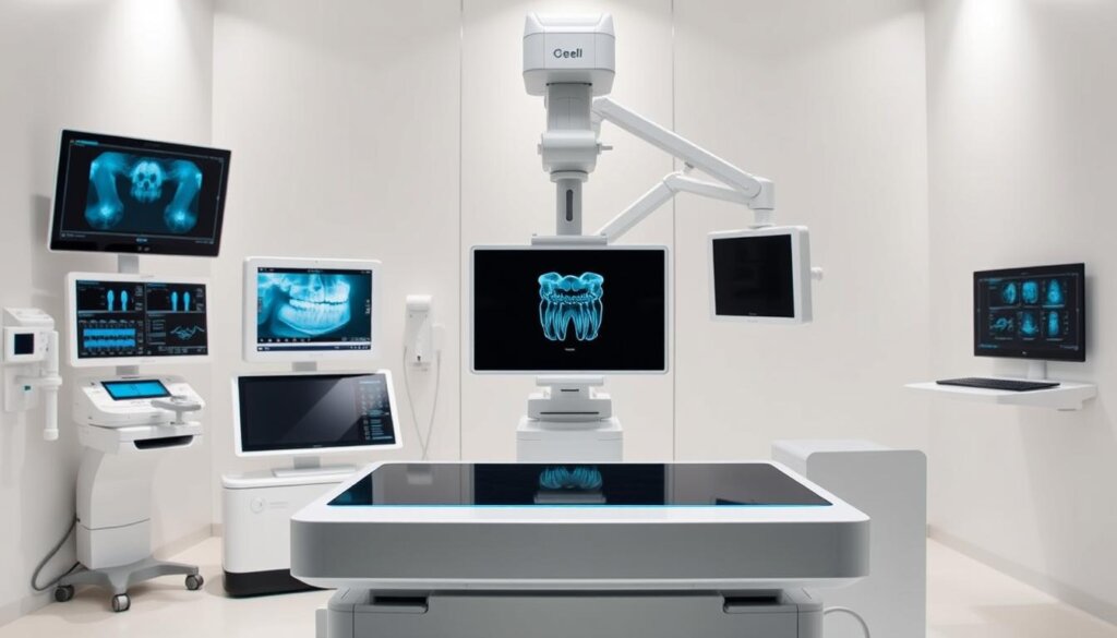 High-tech digital radiography equipment set against a clean, minimalist backdrop. In the foreground, a state-of-the-art X-ray imaging sensor with a sleek, modern design. Surrounding it, various control panels, touchscreens, and diagnostic interfaces, showcasing the advanced technology's ease of use. In the middle ground, a rotating gantry arm holding the X-ray tube, poised to capture detailed images. The lighting is soft and directional, highlighting the sophisticated, clinical aesthetic. The overall scene conveys a sense of precision, innovation, and the evolution of dental X-ray technology.