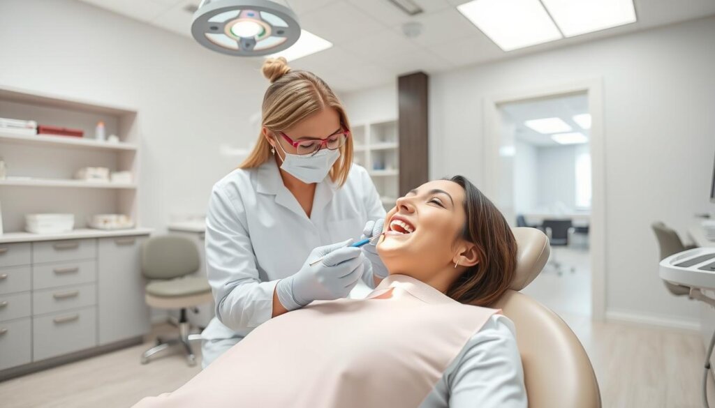 a clean, well-lit dental office interior, with a patient reclining in a comfortable chair as a dental hygienist uses professional tools to perform a thorough cleaning, removing plaque and tartar from their teeth. The hygienist wears a white lab coat and disposable gloves, and the patient has a protective bib draped over their chest. The background features modern dental equipment, including a bright overhead light, shelves of supplies, and a view of the waiting room through an open doorway. The scene conveys a sense of professionalism, cleanliness, and attention to detail, reflecting the care and expertise involved in regular dental cleanings.