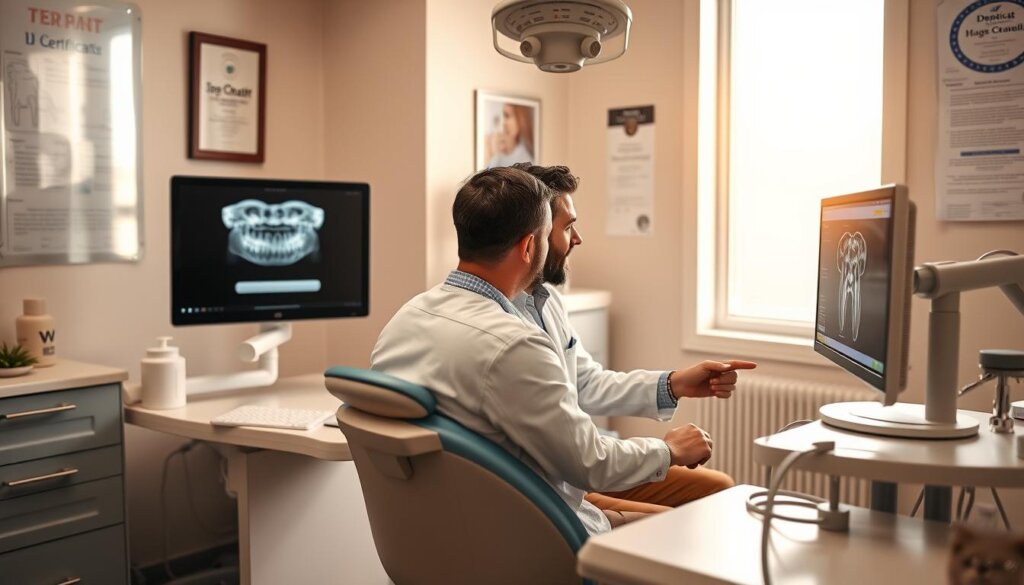 a close-up shot of a dental office consultation room, with a dentist and patient sitting at a desk discussing dental implant options. the dentist is pointing to a diagram or x-ray on a computer screen, explaining the procedure in detail. the patient is leaning in, attentively listening. the room is well-lit with warm, natural lighting from a large window, creating a calming and professional atmosphere. the desk is clean and organized, with various dental tools and equipment visible. the walls are adorned with dental health posters and certifications, establishing the expertise of the clinic. the overall scene conveys a sense of trust, care, and personalized attention between the dentist and patient.