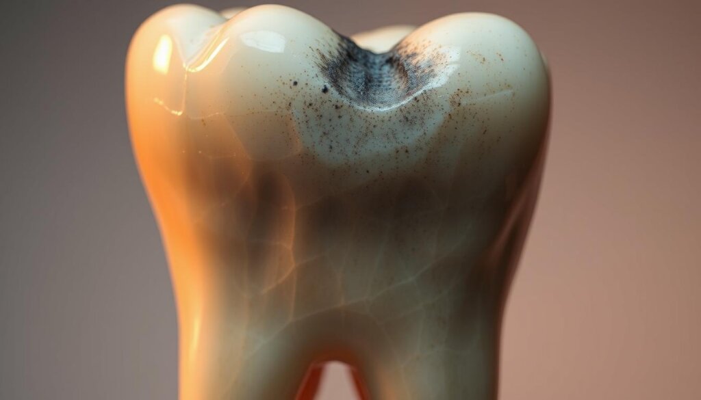 a close-up view of a human tooth with a distinct grey or blackened discoloration, indicating it is a "dead" or non-vital tooth. the tooth is illuminated by a warm, natural lighting that casts subtle shadows, highlighting its textured surface and the subtle cracks or discoloration. the tooth is placed against a simple, neutral background, allowing the focal point to be the tooth itself. the overall mood is one of clinical examination and medical interest, conveying the idea of a "dead" tooth in a straightforward, factual manner.