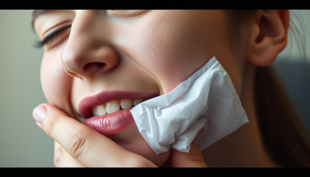 a closeup view of a person's face, eyes closed in concentration, a calm and focused expression as they gently hold an ice pack against their jaw, the skin reddened and swollen, indicating the pain and discomfort of a recent root canal procedure; the background is softly blurred, placing the emphasis on the person's face and the ice pack they're using to manage the pain; the lighting is warm and soothing, creating a sense of comfort and care; the angle is slightly tilted, adding a sense of intimacy and connection with the viewer.