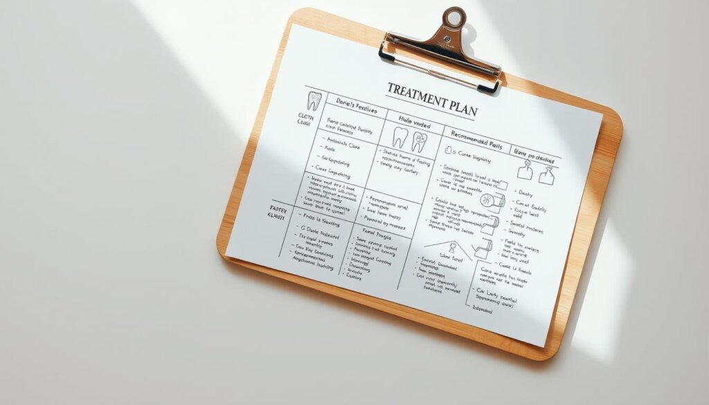 a dental treatment plan with a detailed overview of recommended procedures displayed on a light wooden clipboard, viewed from an overhead angle with a soft natural lighting, the clipboard placed on a clean white surface, the plan features icons, diagrams, and handwritten notes in a professional medical style, conveying a sense of personalized and comprehensive dental care