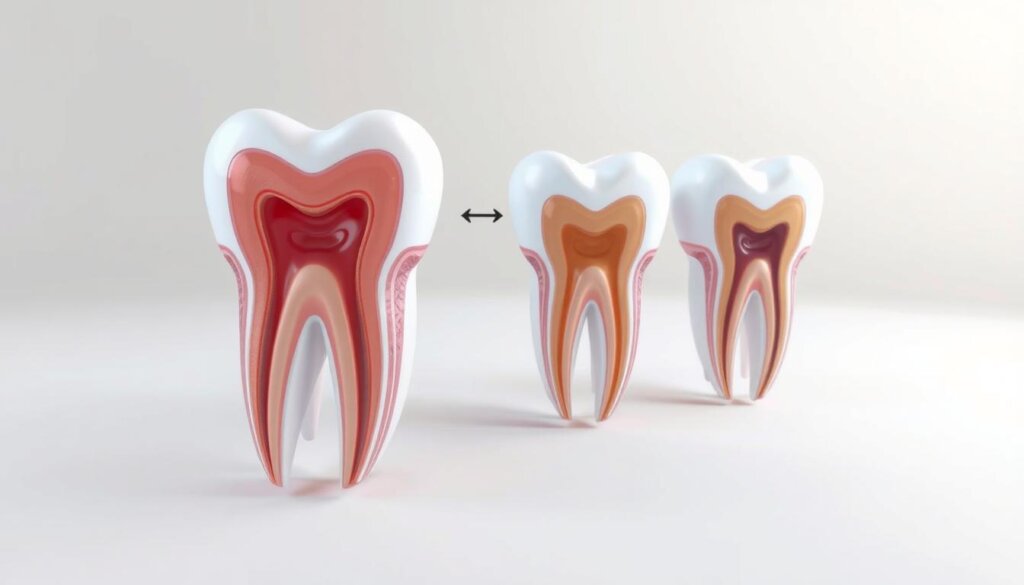 a detailed 3D medical illustration of the root canal recovery process, showing the various stages of healing and tissue repair after a root canal procedure. the foreground depicts the inside of a tooth, with the pulp chamber and root canals clearly visible. the middle ground shows the surrounding gum tissue and bone, with clear depictions of the inflammation and swelling that can occur during the initial recovery period. the background features a soft, muted color palette, with subtle lighting to create a calming, clinical atmosphere. the overall image should convey a sense of the gradual healing and restoration of the affected tooth and surrounding structures, providing a visually informative representation of the post-root canal recovery process.