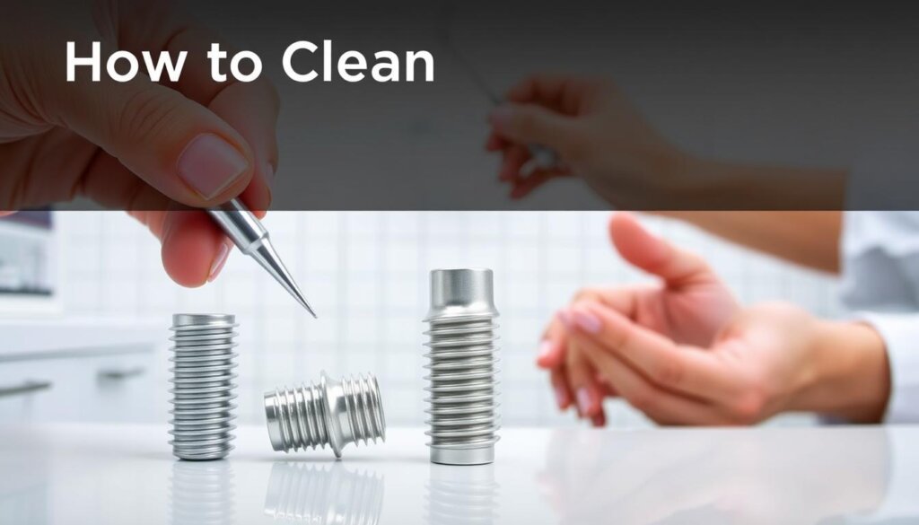 a detailed and informative image showcasing the step-by-step process of cleaning dental implants. a clean, well-lit, and professional-looking scene set in a modern dental office environment. the foreground features a close-up view of a dental implant being gently cleaned with a specialized tool, showcasing the intricate details of the implant structure. the middle ground shows a dentist's hands demonstrating the proper cleaning technique, providing clear visual guidance. the background depicts a minimalist, white-tiled dental workspace, creating a sense of clinical cleanliness and attention to detail. the overall mood is one of instructive clarity, empowering viewers to confidently maintain their dental implants.