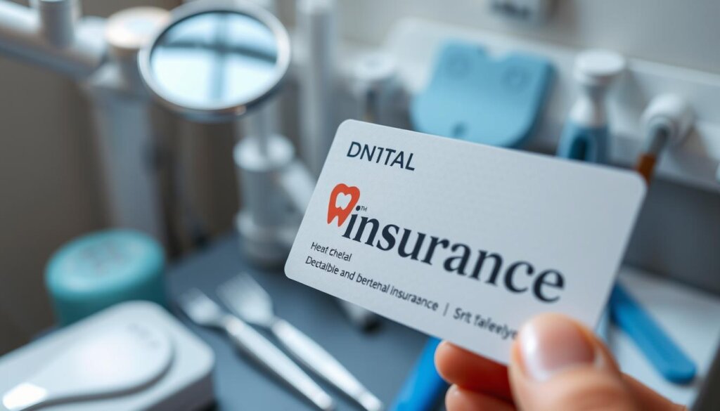 a detailed close-up view of a dental insurance card, held in focus against a blurred background of dental examination tools and equipment, such as dental mirrors, probes, and cleaning tools, conveying a sense of the importance of dental insurance in the context of dental healthcare, with soft, natural lighting from the side creating subtle shadows and highlights, capturing the texture and design elements of the insurance card in a realistic and visually compelling manner.