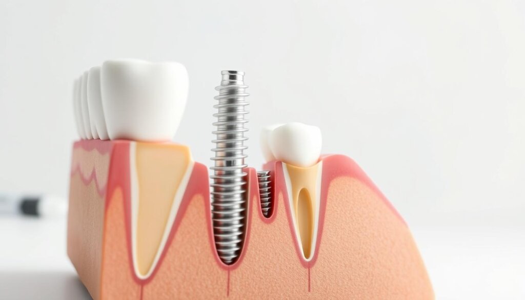a detailed cross-section view of a dental implant surgery procedure, showcasing the various stages and components involved, captured under bright and evenly diffused lighting conditions with a shallow depth of field, rendering the foreground in sharp focus and the background slightly blurred, conveying a sense of medical precision and professionalism, set against a clean, minimalist background to emphasize the technical aspects of the procedure