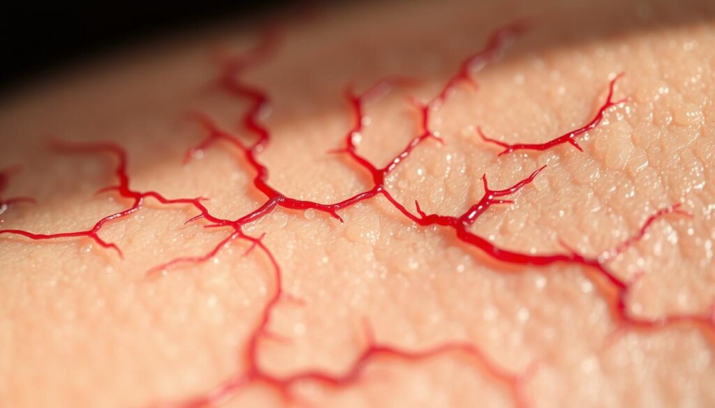 a detailed macro close-up photograph of scar tissue formation, showing the intricate network of collagen fibers, blood vessels, and fibroblasts that make up the healing tissue. the scene is lit with soft, diffused natural lighting, casting subtle shadows and highlights that accentuate the texture and structure of the scar. the lens is set to a shallow depth of field, keeping the central focus area sharp while gently blurring the background. the overall mood is one of scientific curiosity and visual fascination, inviting the viewer to examine the complex biological processes underlying the body's healing response.