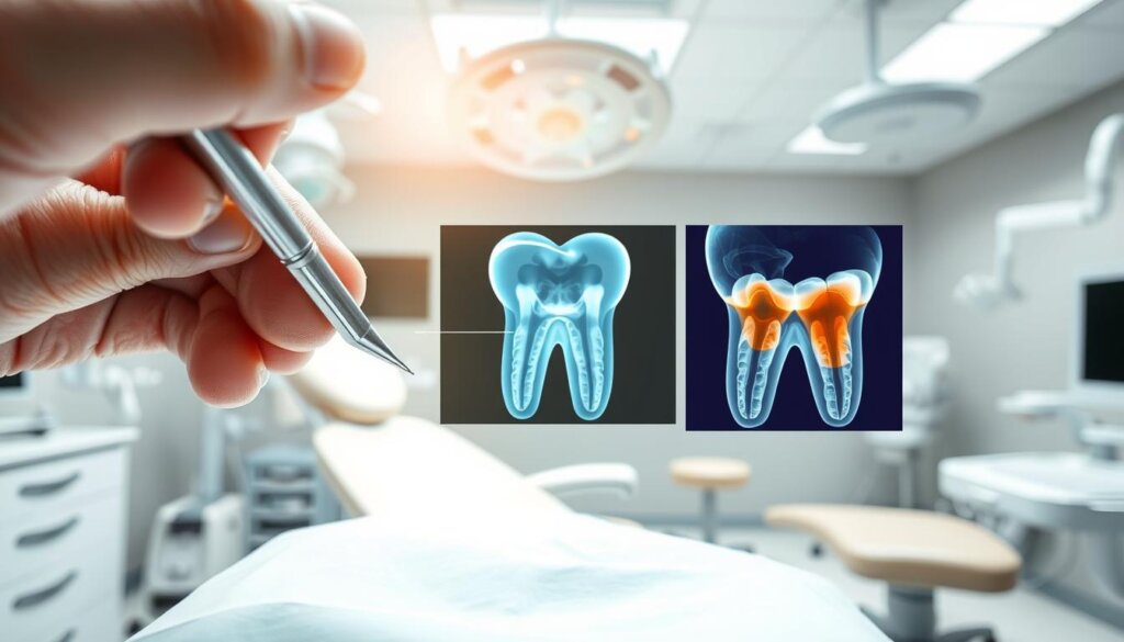 a detailed medical illustration of various cavity detection techniques, including a close-up view of a dentist's tools examining a patient's tooth under bright, natural lighting in a modern dental office setting. The foreground showcases a dentist's hand using a dental explorer tool to probe and inspect a visible cavity on the tooth's surface. The middle ground features a dental x-ray image revealing the internal structure of the tooth and the extent of the cavity. The background depicts dental equipment, such as a dental chair, overhead lighting, and other medical instruments, creating a professional, clinical atmosphere.