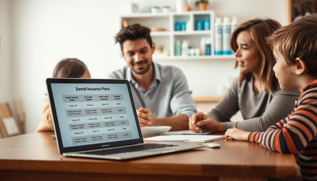 a family sitting around a kitchen table, discussing dental insurance plans. in the foreground, a laptop showing different dental insurance plan options. in the middle ground, parents and children engaged in conversation, expressions of concern and consideration on their faces. in the background, a shelf with medical and dental care items, creating a warm, domestic setting. the lighting is soft and natural, creating a sense of warmth and intimacy. the lens is slightly wide-angle, capturing the full scene and emphasizing the familial setting. the overall mood is one of thoughtfulness and care, as the family considers their dental insurance options.
