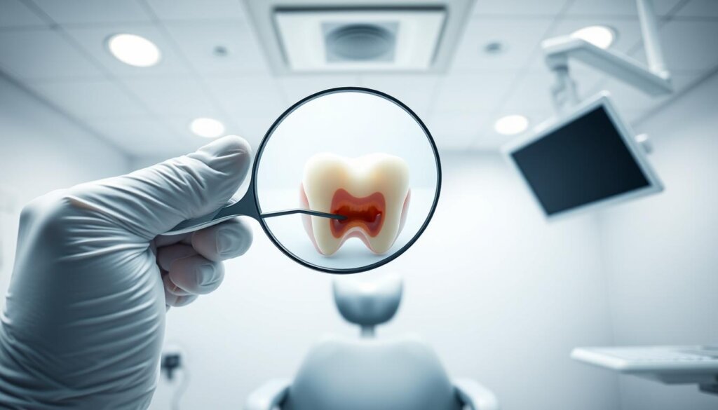 a highly detailed, close-up digital illustration of a dentist's hand holding a dental mirror and probe, revealing a cavity in a patient's molar, set against a clean, sterile dental examination room background with bright, evenly-distributed lighting, a minimalistic color palette of whites, grays, and blues, and a sense of clinical precision and professionalism