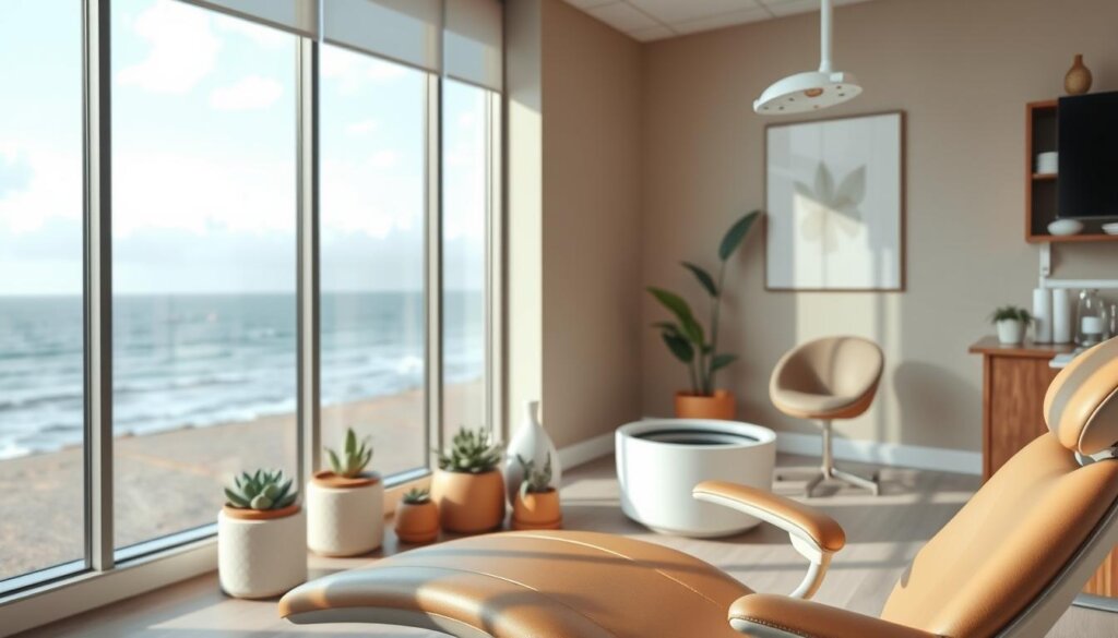 a serene and calming dental office interior, with a comfortable chair in the foreground and a soothing ocean view through large windows in the background. The lighting is soft and diffused, creating a tranquil atmosphere. In the middle ground, there are calming elements like succulents, a diffuser with calming essential oils, and a gentle water feature. The walls are painted in muted, earthy tones, and the furniture is made of natural materials like wood and leather. The overall scene evokes a sense of relaxation and peace, helping to alleviate the anxiety often associated with dental visits.