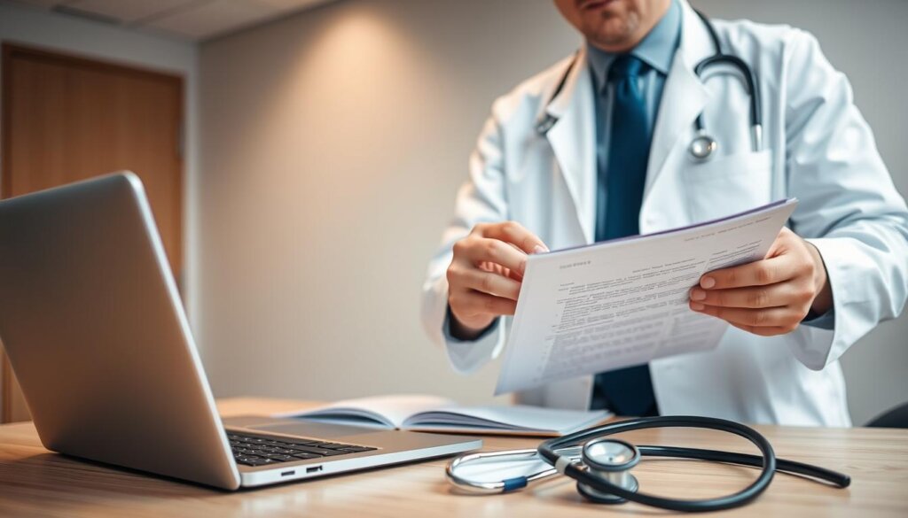 patient medical history review - a healthcare professional, wearing a white coat, carefully reviewing a patient's medical records on a clipboard, with a laptop and stethoscope on the desk in the foreground, a neutral-toned medical office in the background, with muted lighting and a sense of focused concentration