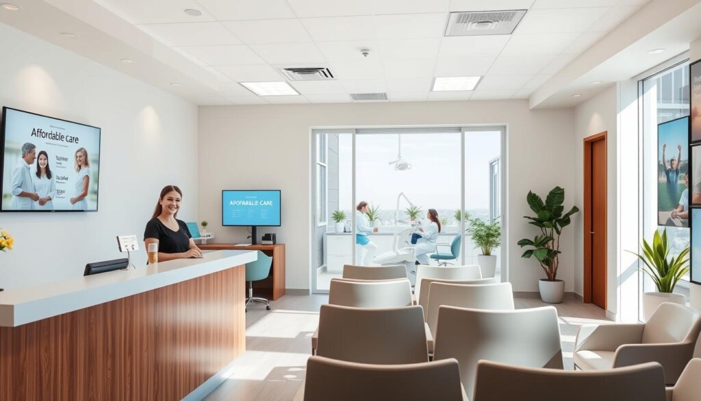 A bright, airy dental clinic interior with a minimalist, modern design. In the foreground, a smiling receptionist greets patients at a sleek, wooden-paneled front desk. Behind, rows of comfortable chairs and a TV screen displaying affordable care options. The middle ground features an exam room with a dentist and patient, the dentist explaining treatment plans and costs. In the background, a view of a sun-drenched waiting area with potted plants and soothing pastel accents. Crisp, even lighting from overhead fixtures casts a warm, inviting glow throughout the space, conveying a sense of professionalism and care.