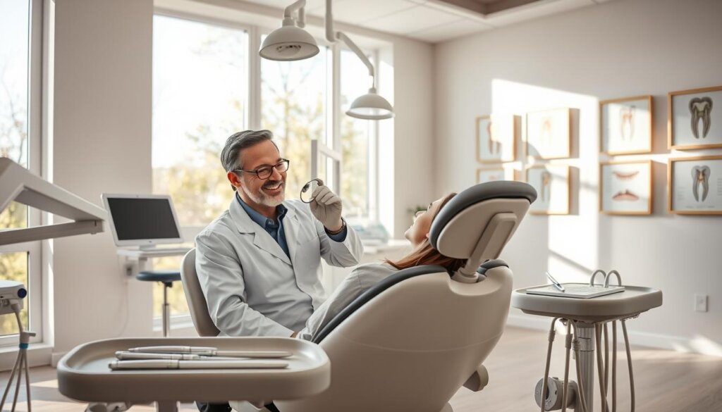 A bright, airy dental office interior with large windows flooding the space with natural light. In the foreground, a smiling patient sitting in a reclining chair, their mouth open as a dentist in a crisp white coat examines their teeth using a dental mirror. Surrounding the chair, state-of-the-art equipment and tools neatly arranged on trays, conveying a sense of modern, professional care. In the background, a series of framed educational diagrams on the walls, illustrating the importance of regular check-ups and oral hygiene. An atmosphere of trust, comfort, and the importance of preventative dental health.