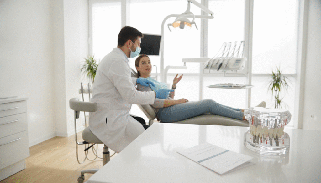 A bright, modern dental clinic interior featuring a realistic dental implant model displayed prominently on a sleek countertop in the foreground. In the middle, a professional dentist in a white coat, wearing gloves and a mask, is consulting with a patient seated in a comfortable dental chair, both appearing engaged in discussion. The background includes dental tools and equipment neatly arranged, as well as a large window allowing soft, natural light to flood the space, creating an inviting and sterile atmosphere. The image captures a sense of professionalism and care, emphasizing the importance of understanding dental implants, subtly showcasing the costs involved through the presence of an informative brochure on the countertop without any visible text. The angle is slightly elevated, focusing on the interaction between the dentist and patient. A bright, modern dental clinic interior featuring a realistic dental implant model displayed prominently on a sleek countertop in the foreground. In the middle, a professional dentist in a white coat, wearing gloves and a mask, is consulting with a patient seated in a comfortable dental chair, both appearing engaged in discussion. The background includes dental tools and equipment neatly arranged, as well as a large window allowing soft, natural light to flood the space, creating an inviting and sterile atmosphere. The image captures a sense of professionalism and care, emphasizing the importance of understanding dental implants, subtly showcasing the costs involved through the presence of an informative brochure on the countertop without any visible text. The angle is slightly elevated, focusing on the interaction between the dentist and patient.