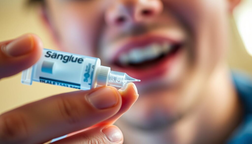A bright, well-lit close-up shot of a person's hand carefully applying a small amount of superglue to a broken tooth. The tooth is visible in the foreground, the hand holding the tube of superglue is in the middle ground, and the person's face is slightly blurred in the background, emphasizing the focus on the repair process. The lighting is soft and diffused, creating a warm, clinical atmosphere. The composition is balanced, with the tooth positioned at the center of the frame. The overall mood is one of precision, care, and a sense of DIY medical intervention.