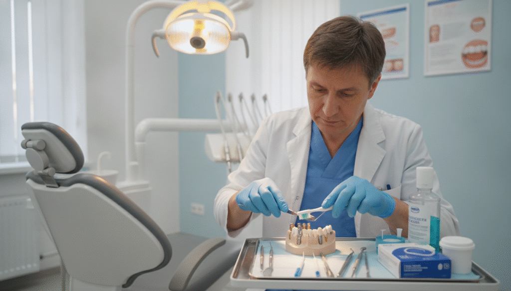 A bright, well-lit dental clinic setting as the background, showcasing a modern dental chair with an overhead light casting soft illumination. In the foreground, a dentist wearing professional attire demonstrates proper oral care techniques for dental implants and bridges. The dentist, a middle-aged individual with short hair, is using a model of teeth to illustrate brushing and flossing practices, emphasizing the importance of oral hygiene. The middle ground includes neatly arranged dental tools and care products like toothbrushes, floss, and special cleaning solutions. The atmosphere feels clean and professional, promoting a sense of trust and care. Use a slight above angle perspective to capture the interaction and focus on the demonstration, ensuring vivid details convey the message of meticulous oral care. A bright, well-lit dental clinic setting as the background, showcasing a modern dental chair with an overhead light casting soft illumination. In the foreground, a dentist wearing professional attire demonstrates proper oral care techniques for dental implants and bridges. The dentist, a middle-aged individual with short hair, is using a model of teeth to illustrate brushing and flossing practices, emphasizing the importance of oral hygiene. The middle ground includes neatly arranged dental tools and care products like toothbrushes, floss, and special cleaning solutions. The atmosphere feels clean and professional, promoting a sense of trust and care. Use a slight above angle perspective to capture the interaction and focus on the demonstration, ensuring vivid details convey the message of meticulous oral care.