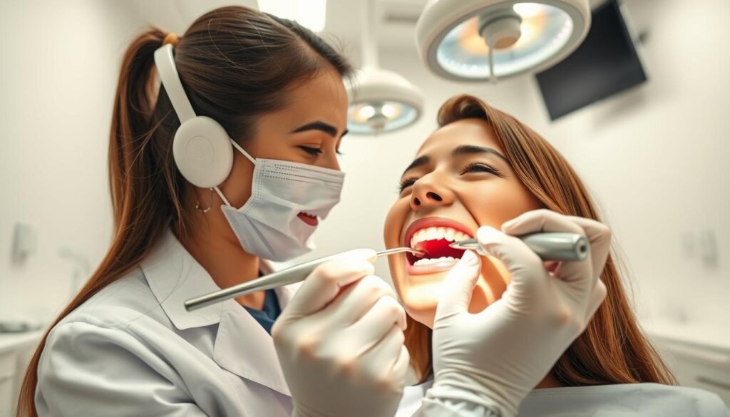 A bright, well-lit dental clinic setting. In the foreground, a professional dental hygienist in a crisp white coat carefully examines a patient's teeth, holding a dental mirror and probe. The patient's mouth is open, revealing a set of teeth being meticulously cleaned with an ultrasonic scaler, removing plaque and stains. In the middle ground, advanced dental equipment like a high-powered suction device and overhead lighting can be seen. The background depicts a calming, modern office atmosphere with minimalist decor and soothing colors, conveying a sense of trust and expertise.
