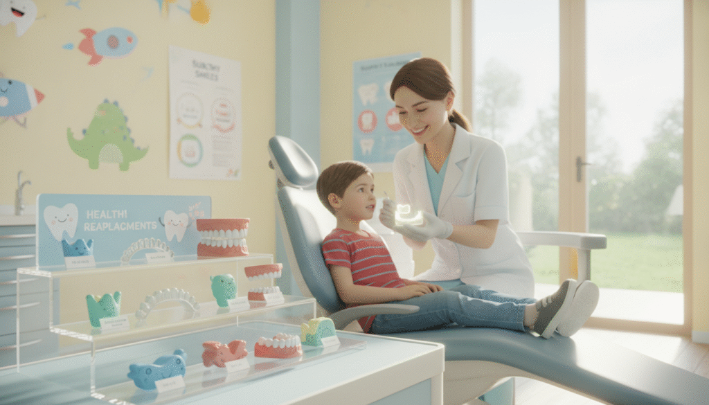 A bright, well-lit pediatric dental office showcasing various tooth replacement solutions for children. In the foreground, a colorful display highlights dental models of crowns, bridges, and dentures specifically designed for younger patients. The middle ground features a friendly pediatric dentist in a white coat, gently demonstrating a tooth replacement model to a curious child sitting in a modern dental chair, both wearing comfortable casual clothing. The background includes cheerful dental-themed decorations, informative posters, and soft, natural light streaming through a large window, creating a welcoming atmosphere. The image should evoke a sense of hope and innovation in pediatric dentistry, captured with a soft focus and a slightly elevated angle to emphasize the interaction. A bright, well-lit pediatric dental office showcasing various tooth replacement solutions for children. In the foreground, a colorful display highlights dental models of crowns, bridges, and dentures specifically designed for younger patients. The middle ground features a friendly pediatric dentist in a white coat, gently demonstrating a tooth replacement model to a curious child sitting in a modern dental chair, both wearing comfortable casual clothing. The background includes cheerful dental-themed decorations, informative posters, and soft, natural light streaming through a large window, creating a welcoming atmosphere. The image should evoke a sense of hope and innovation in pediatric dentistry, captured with a soft focus and a slightly elevated angle to emphasize the interaction.
