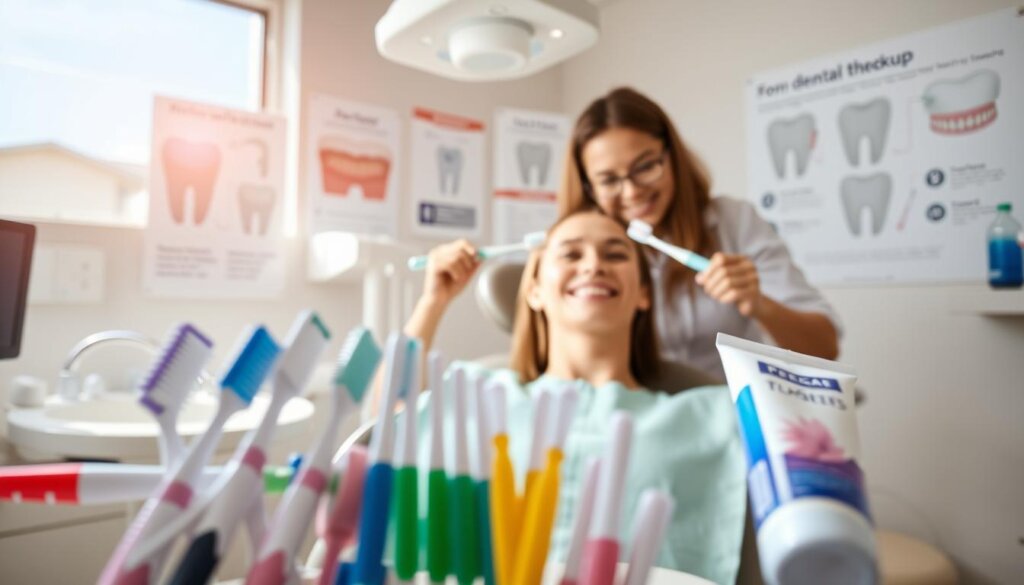 A brightly lit dental office scene, with an array of dental hygiene tools in the foreground - toothbrushes, floss, interdental brushes, and a tube of toothpaste. In the middle ground, a smiling patient sitting in a dentist's chair, as a dental hygienist demonstrates proper brushing and flossing techniques. The background showcases educational posters on plaque and tartar formation, and the importance of regular dental check-ups. The lighting is warm and inviting, creating a calm and informative atmosphere. The scene conveys the message of effective dental hygiene practices to maintain healthy teeth and gums.