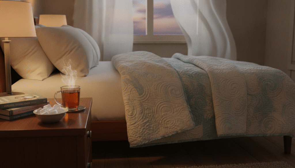 A calming bedroom scene at dusk, featuring a cozy bed with soft, fluffy pillows and a warm, inviting quilt folded neatly. In the foreground, a wooden bedside table holds a glass of warm herbal tea and a small bowl of ice packs, symbolizing remedies for tooth pain. The middle ground showcases a bedside lamp casting a gentle amber glow, creating a serene atmosphere. A stack of books about dental care and relaxation techniques sits beside the tea. The background features a softly illuminated window, with curtains gently swaying, letting in a hint of twilight. The overall mood is peaceful and comforting, inviting restfulness, ideal for those dealing with toothache. A calming bedroom scene at dusk, featuring a cozy bed with soft, fluffy pillows and a warm, inviting quilt folded neatly. In the foreground, a wooden bedside table holds a glass of warm herbal tea and a small bowl of ice packs, symbolizing remedies for tooth pain. The middle ground showcases a bedside lamp casting a gentle amber glow, creating a serene atmosphere. A stack of books about dental care and relaxation techniques sits beside the tea. The background features a softly illuminated window, with curtains gently swaying, letting in a hint of twilight. The overall mood is peaceful and comforting, inviting restfulness, ideal for those dealing with toothache.
