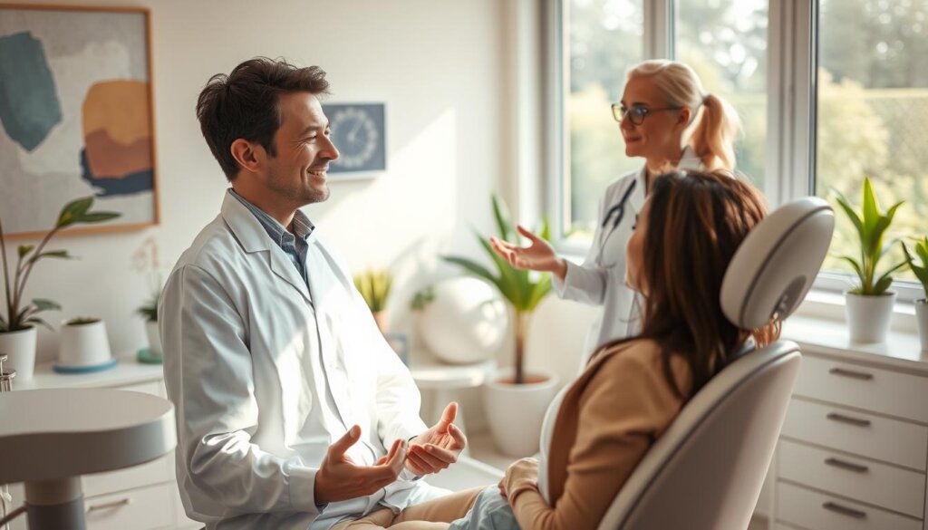 A calming, therapeutic scene of a person confidently overcoming dental anxiety. In the foreground, a patient sits in a dentist's chair, their expression serene as they practice deep breathing exercises. Surrounding them, soothing pastel hues and soft natural lighting create a sense of tranquility. In the middle ground, a dentist, their demeanor warm and reassuring, explains techniques to alleviate tension. In the background, potted plants and abstract artwork lend an air of mindfulness, while a large window offers a view of a peaceful outdoor setting. The overall atmosphere conveys a safe, welcoming environment where the patient feels empowered to manage their concerns.
